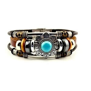 Turquoise and Silver and Leather Boho Women's Bracelet